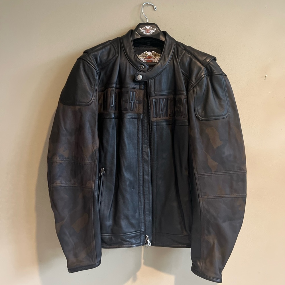 New Harley Davidson Black Leather Embroidered Motorcycle Bomber Camo Jacket XL